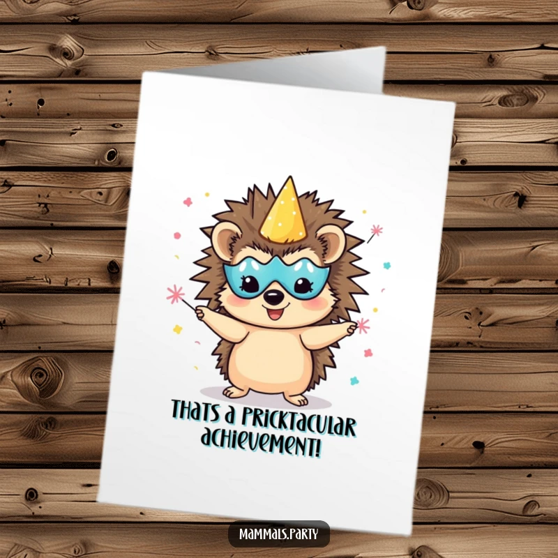 Funny Free Printable Congrats Card: Delighted hedgehog wearing a party mask juggling tiny confetti poppers, celebrating achievement, downloadable art.