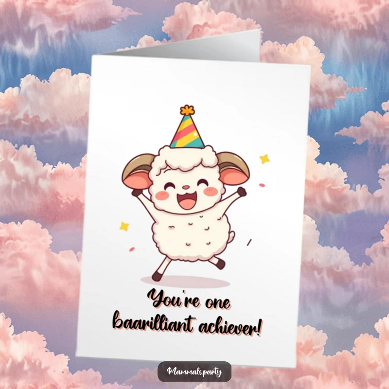 Funny Free Printable Congratulations Card: Enthusiastic sheep with party hat limbo-ing low, celebrating a win with downloadable humor.