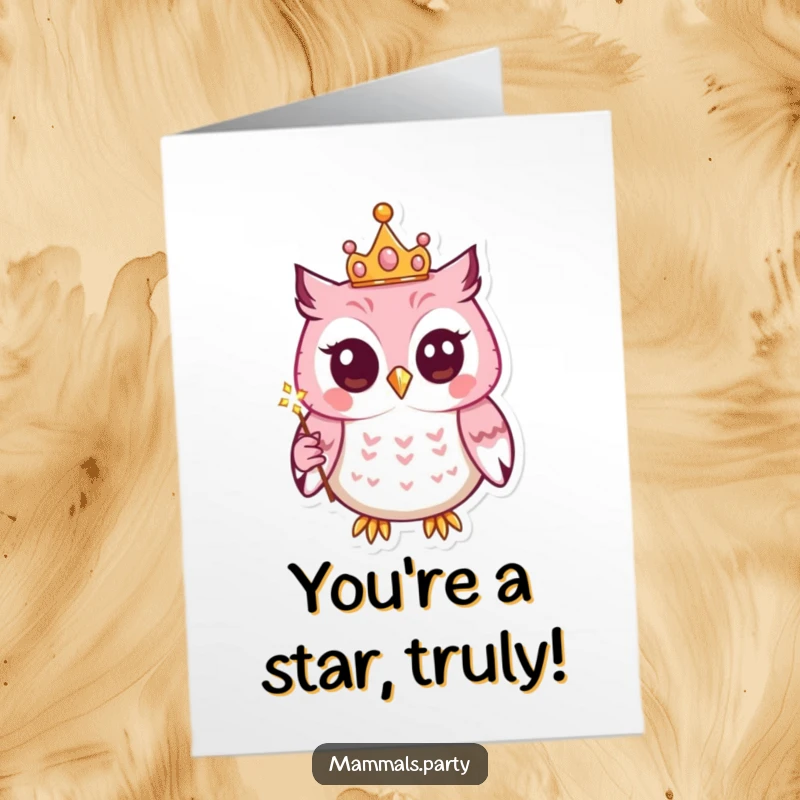 Funny Free Printable Congratulations Card: a kawaii owl wearing a tiny crown with a magic wand, bestowing good fortune.