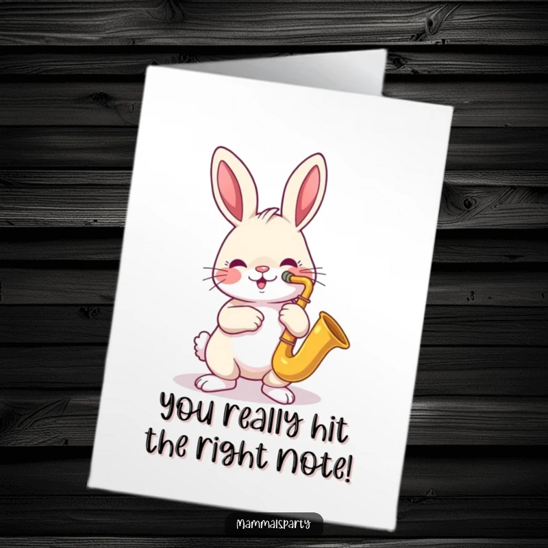Funny Free Printable Congratulations Card: A cheerful rabbit blowing into a tiny saxophone, celebrating success with a jazz riff.