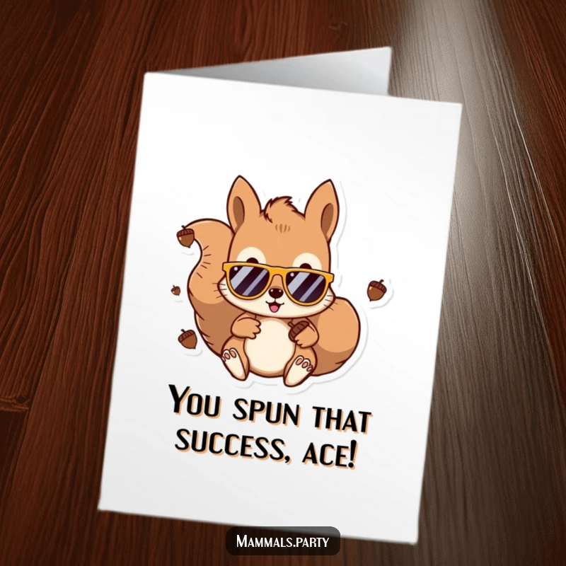 Funny free printable congratulations card showing a cool squirrel DJ in sunglasses, celebrating success with acorn beats.