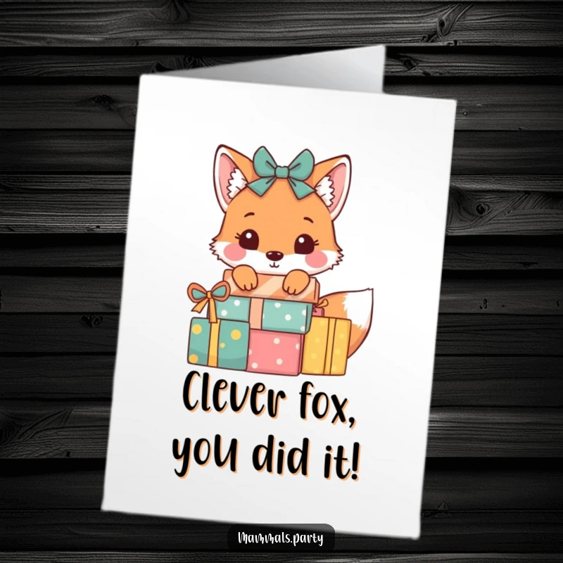 Free Printable Congratulations Card: A playful fox peeks from behind a stack of wrapped gifts, congratulating.
