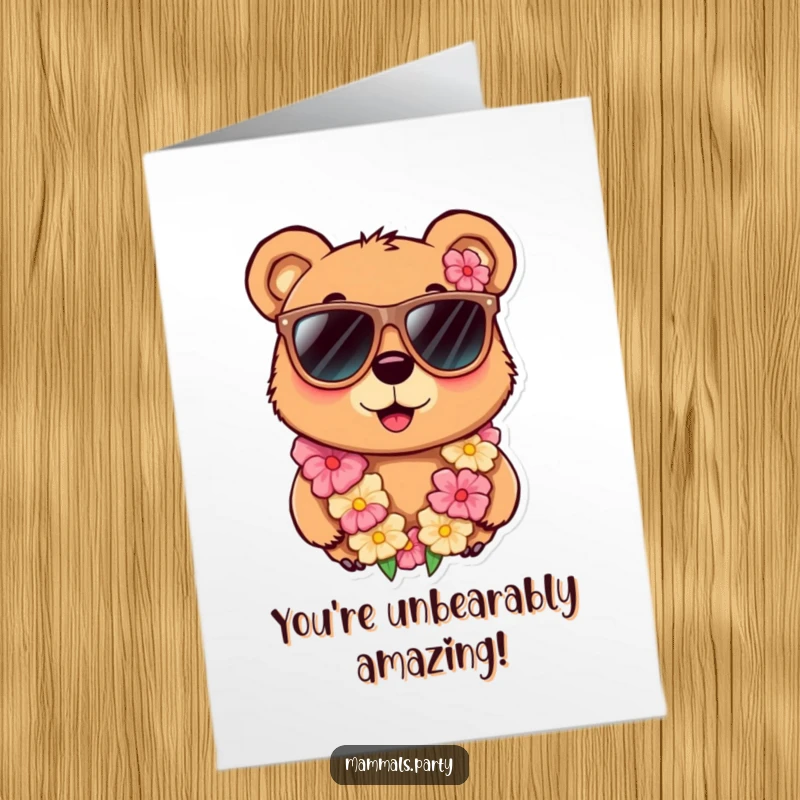 Funny Free Printable Congratulations Card: Cheerful bear sporting sunglasses and lei, announcing success, downloadable.