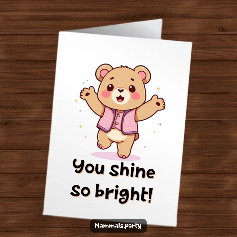 Funny Free Printable Congratulations Card: A Kawaii bear in a shiny vest dances with uninhibited glee.