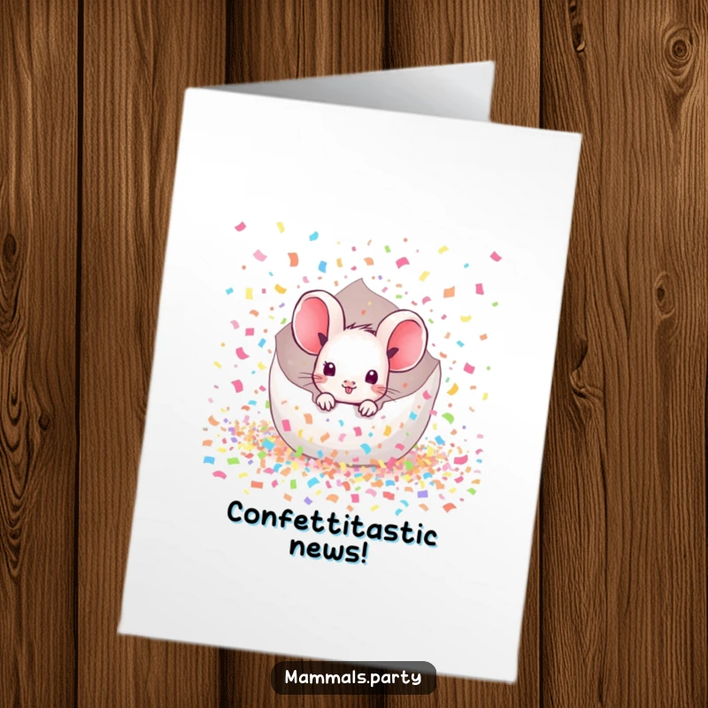 Funny Free Printable Mouse Congratulations Card emerging from bursting confetti, a celebratory downloadable.