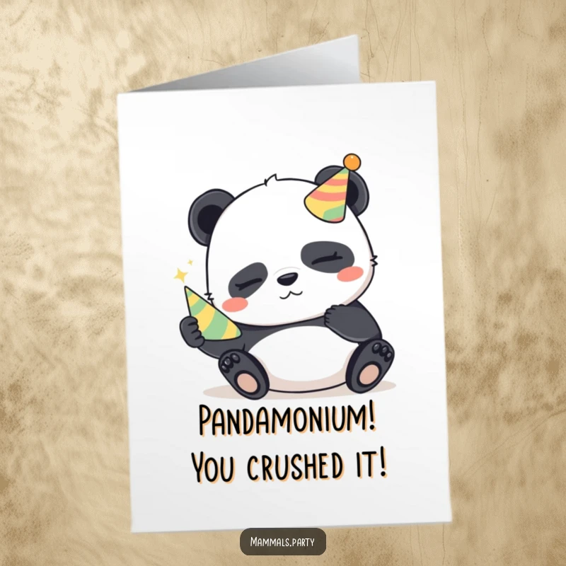 Free Printable Congratulations Card: Sleepy panda with a mischievous glint holds a party horn to celebrate.