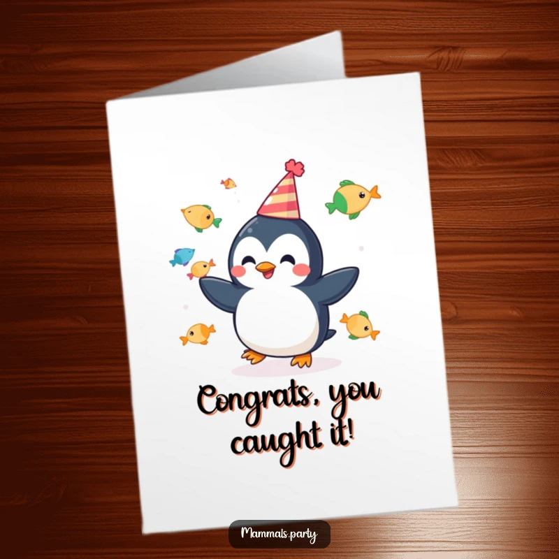Funny Free Printable Penguin Congratulations Card, a cheerful penguin in a party hat juggling colorful fish, celebrating good fortune.
