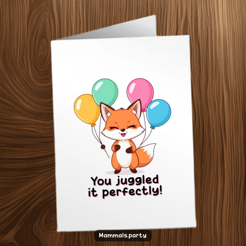 Free Printable Congratulations Card: A sly kawaii fox expertly juggles vibrant balloons, celebrating a skillfully managed success.