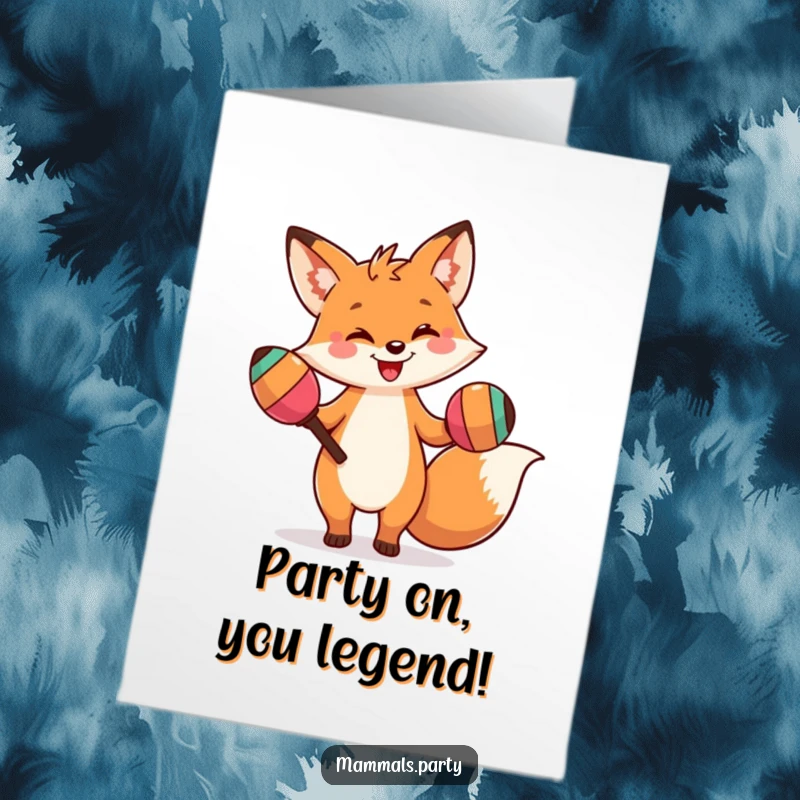 Funny Free Printable Congratulations Card: a smiling fox energetically dancing with oversized maracas, spreading cheer.