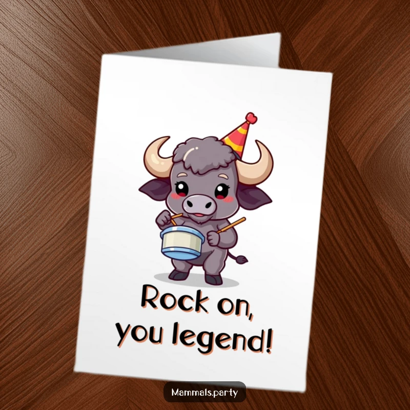 Funny Free Printable Congratulations Card: Buffalo in party hat playing air drums enthusiastically, celebrating a triumph with downloadable excitement.
