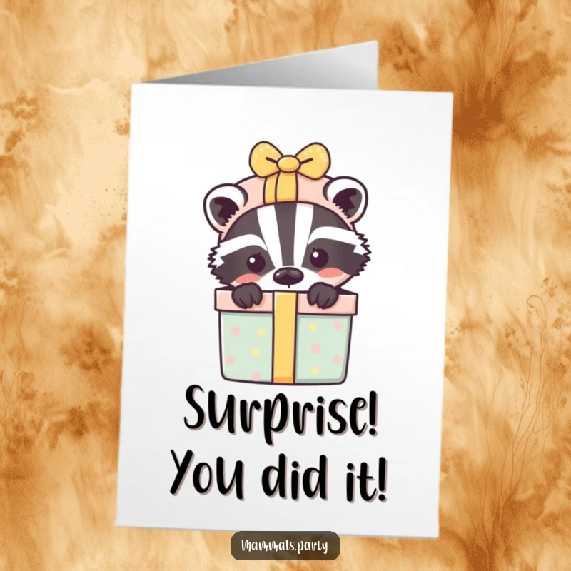 Funny Free Printable Congratulations Card: Playful badger emerges from a bursting gift box, signaling a fantastic achievement.