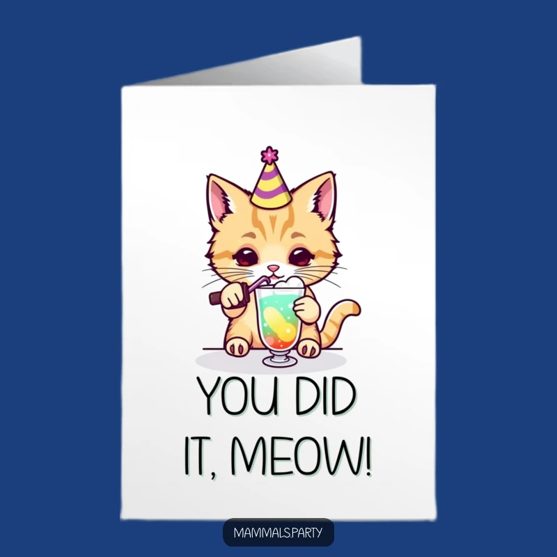 Free Printable Kawaii Cat Congrats Card: Humorous Drink-Making Downloadable Gift