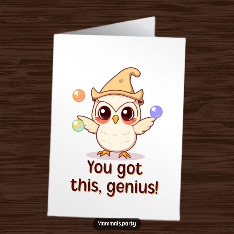 Funny Free Printable Congratulations Card: A curious owl in a silly hat masterfully juggles glowing orbs, symbolizing a successful feat.