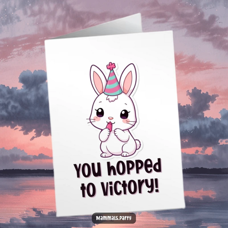 Free Printable Congratulations Card: A kawaii bunny wearing a party hat enthusiastically attempts to blow a noisemaker, spreading celebratory vibes.