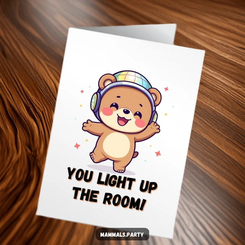 Funny Free Printable Congratulations Card: Happy Bear in Disco Helmet Dancing Energetically, Celebrating a Grand Triumph.