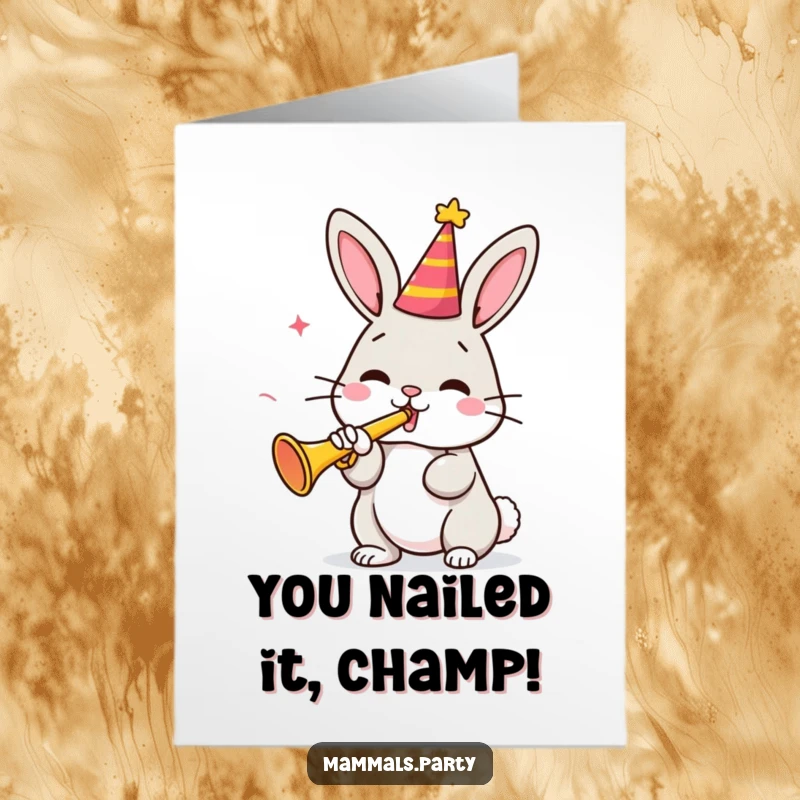 Funny Free Printable Congratulations Card showing a cute bunny in a party hat triumphantly blowing a tiny trumpet.