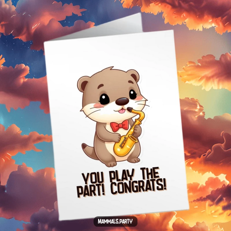 Funny Free Printable Congratulations Card showcasing a bowtie-clad otter playing a saxophone, celebrating someone's big win with jazz.