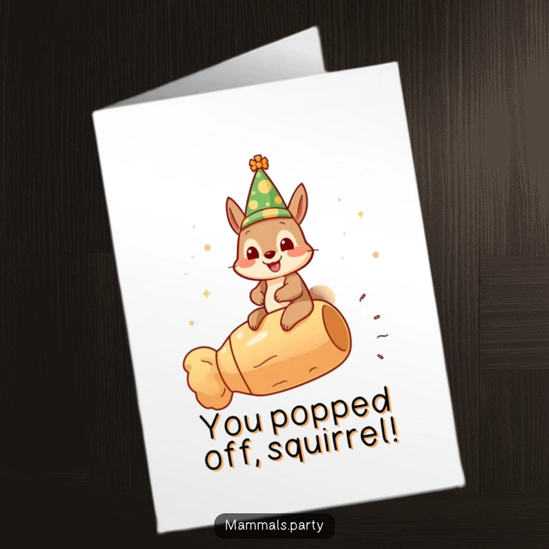 Funny Free Printable Congrats Card: Gleeful squirrel wearing a festive hat riding a giant champagne cork, celebrating success, downloadable art.