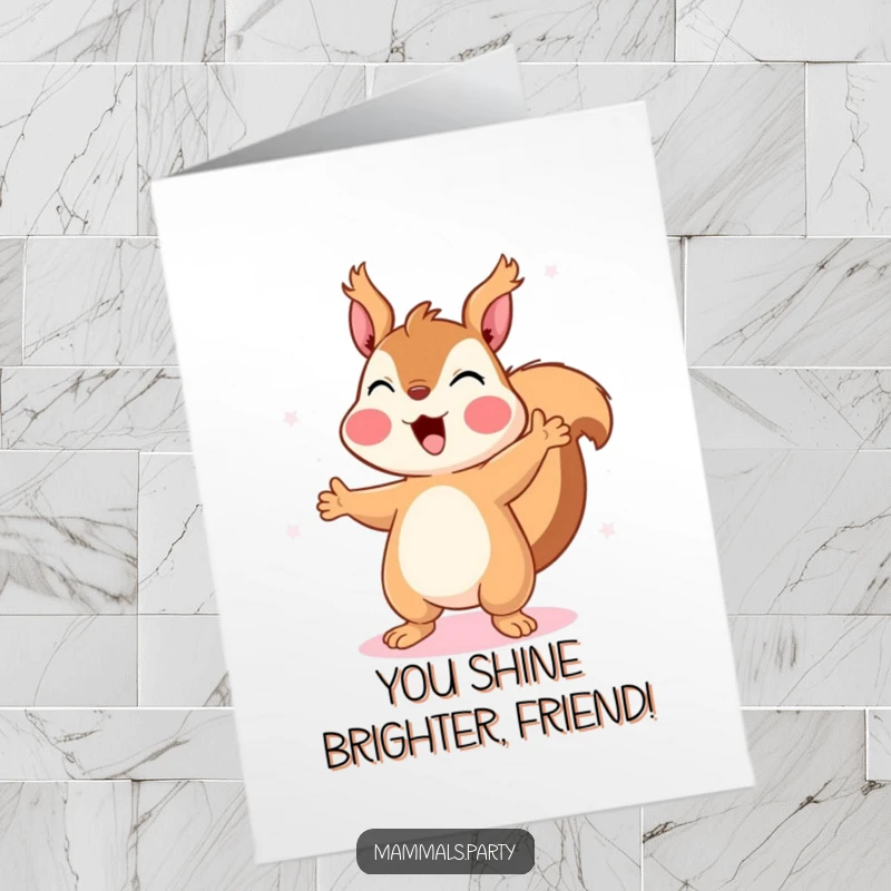 Funny Free Printable Congratulations Card showing a happy squirrel dancing energetically beneath flashing disco lights.