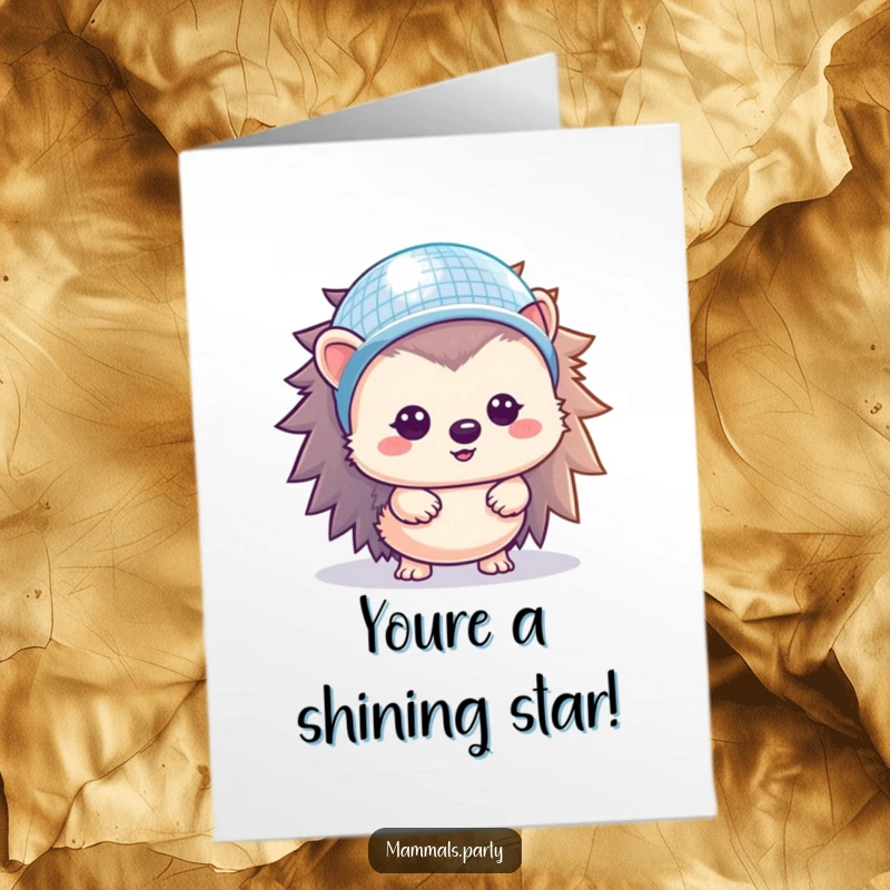Funny Free Printable Hedgehog Congratulations Card wearing a disco helmet, shining with celebratory downloadable art.