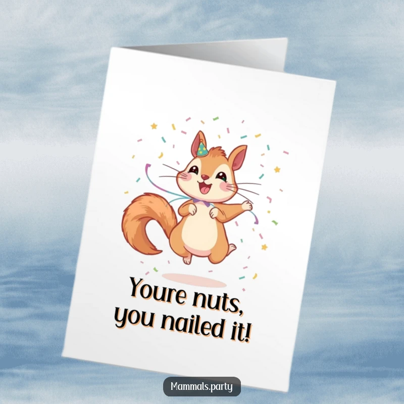 Free Printable Congratulations Card: A squirrel adorned with streamers excitedly scatters confetti for celebration.