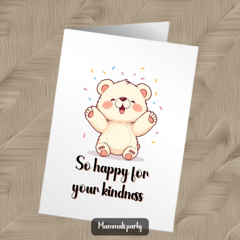 Funny Free Printable Thank You Card with a fluffy bear cub tossing confetti upwards with both paws, available today.