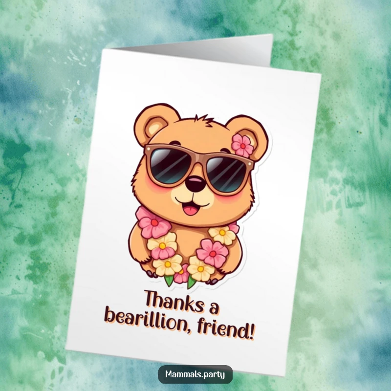 Funny Free Printable Thank You Card: Laid-back bear in sunglasses and lei, expressing gratitude, downloadable.