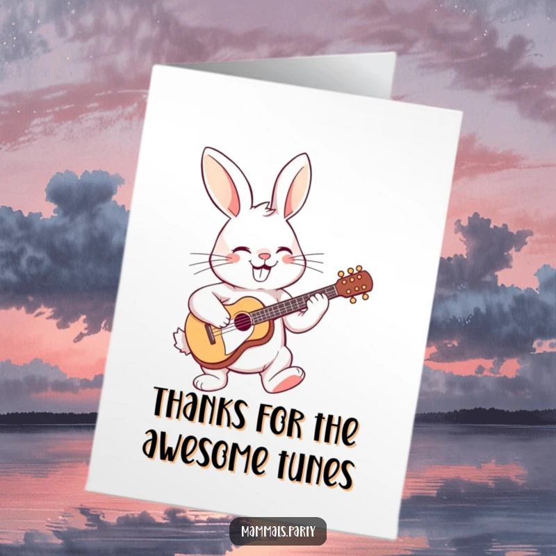 Funny Free Printable Thank You Card: A cheerful rabbit playing a tiny guitar, conveying sincere thanks musically.