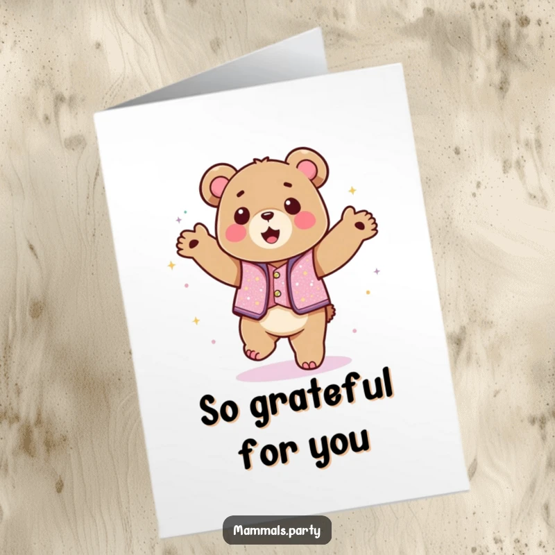 Funny Free Printable Thank You Card: A Kawaii bear wearing a sparkly vest busts a move with enthusiasm.