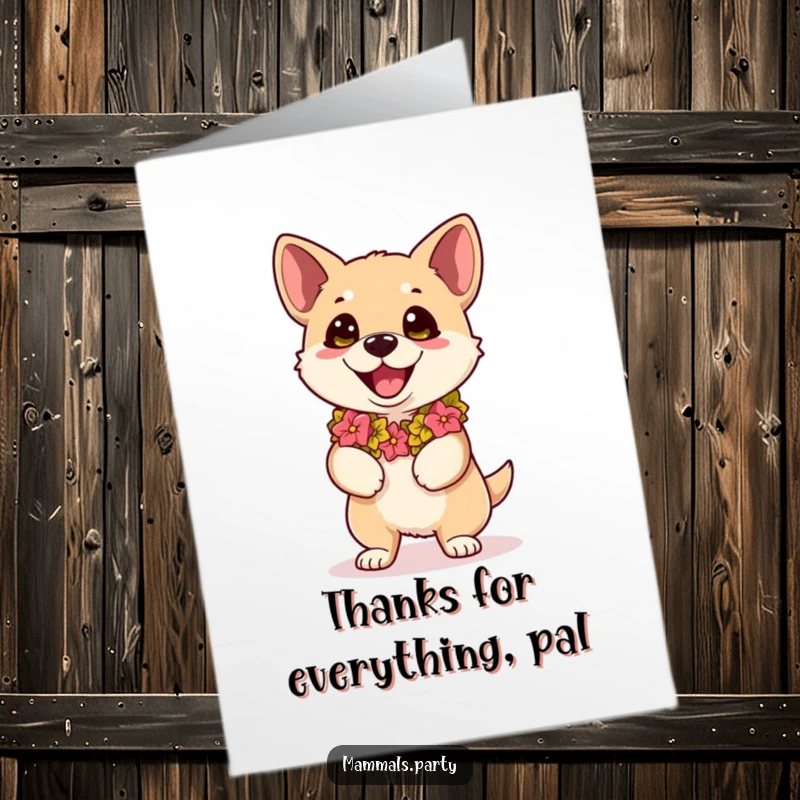 Funny Free Printable Thank You Card: A Kawaii dog in a lei with googly eyes dances with pure excitement.