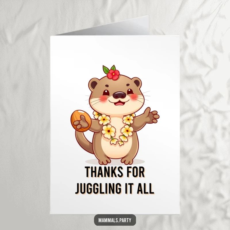 Funny Free Printable Thank You Card: Playful otter in a lei juggling coconuts, conveying sincere thanks.