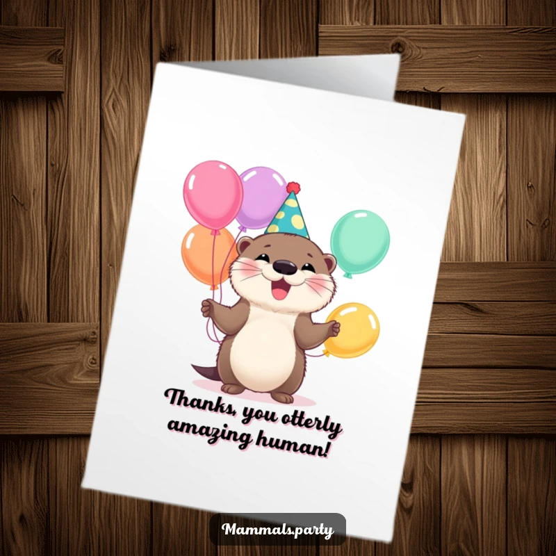 Free Printable Thank You Card: Cute otter in a party hat, juggling balloons, offering thanks with a wide grin.