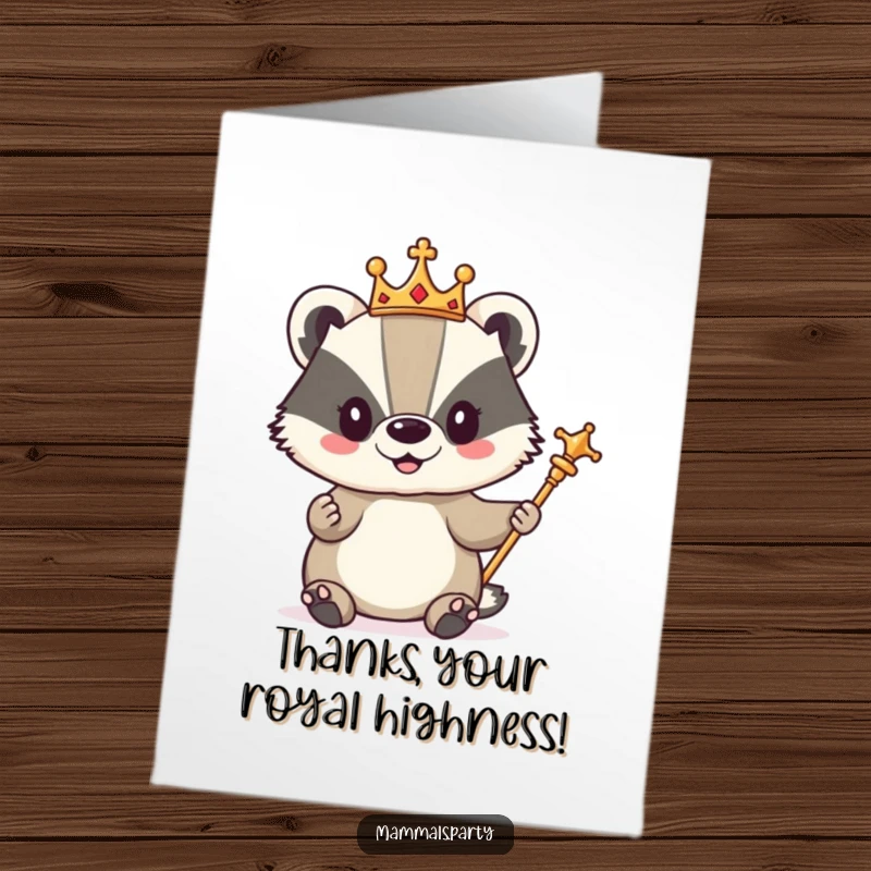 Funny Free Printable Thank You Card: A cute badger wearing a crown and holding a scepter, presenting a royal thank you.