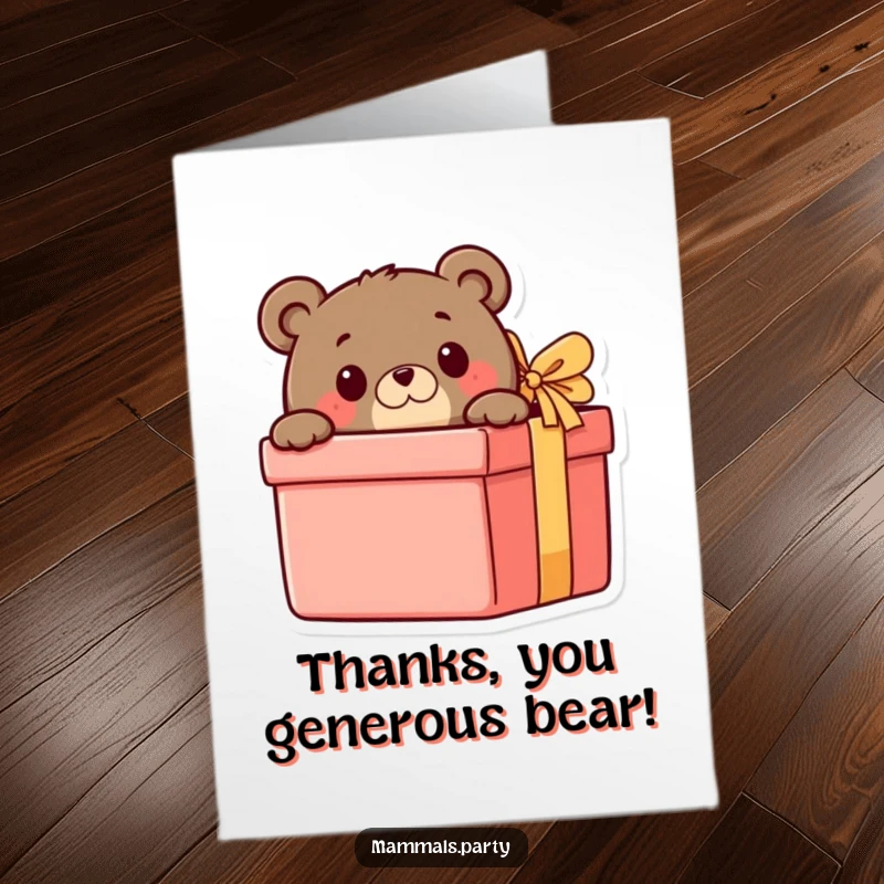 Funny Free Printable Thank You Card featuring a curious bear peeking with excitement from behind a giant present.