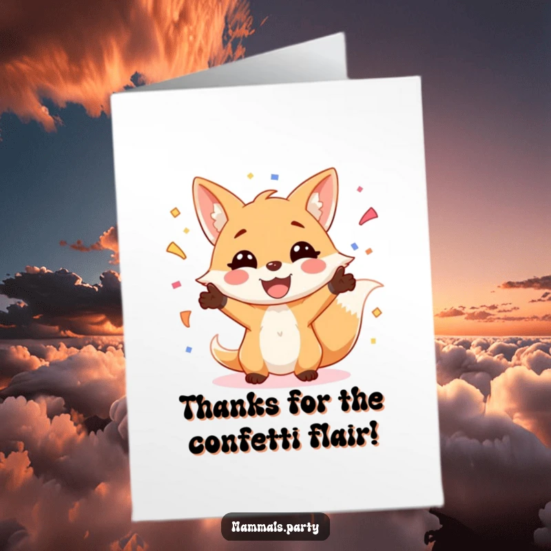 Funny Free Printable Thank You Card featuring a smiling fox juggling handfuls of colorful confetti.