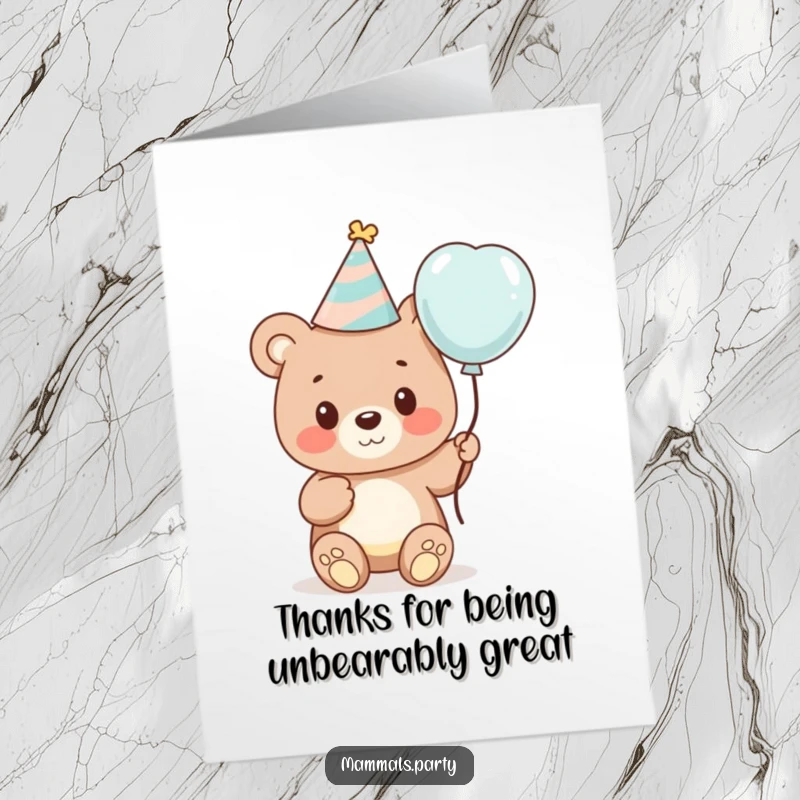 Funny Free Printable Thank You Card: A cute bear cub wearing a party hat holds a balloon, offering thanks with a happy expression.