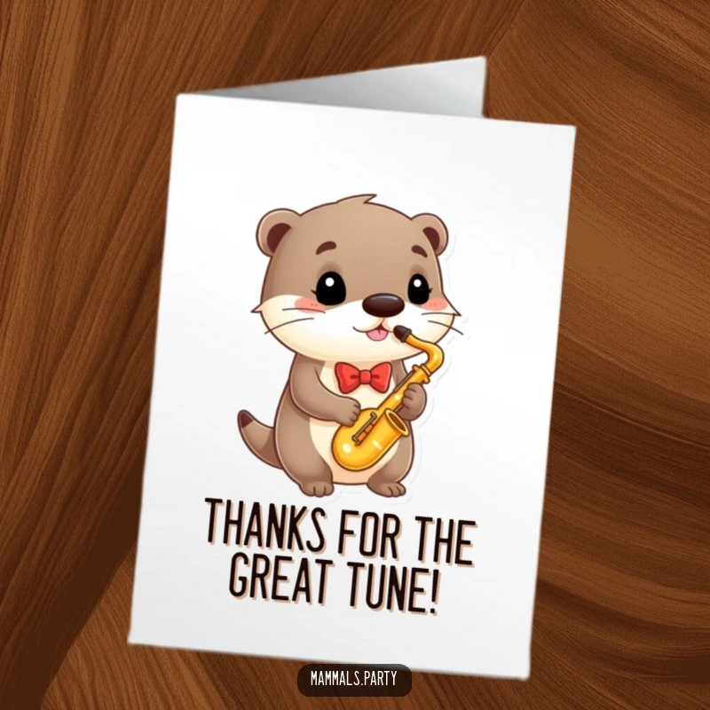 Funny Free Printable Thank You Card with a sophisticated otter in a bowtie playing a saxophone, sending musical thanks.