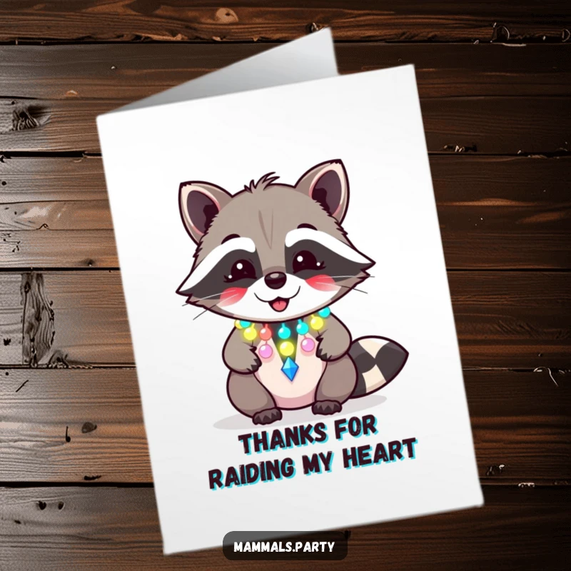 Funny free printable thank you card featuring a giggling raccoon with a flashing party necklace, conveying thanks with a festive and humorous spirit, download here.