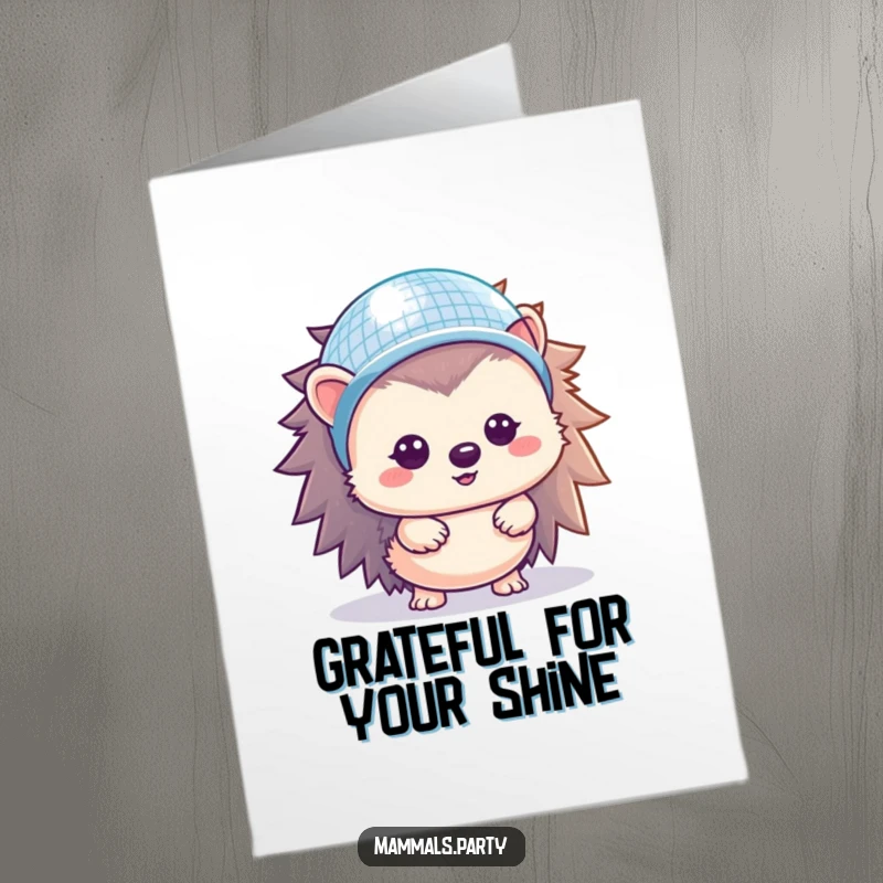 Funny Free Printable Hedgehog Thank You Card with disco helmet shining, a sparkling downloadable art piece.