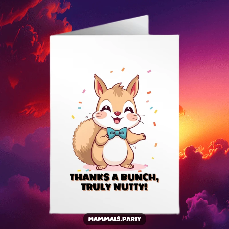 Funny Free Printable Thank You Card: A cute kawaii squirrel in a bow tie, showering confetti as a thank you. Unique downloadable art.