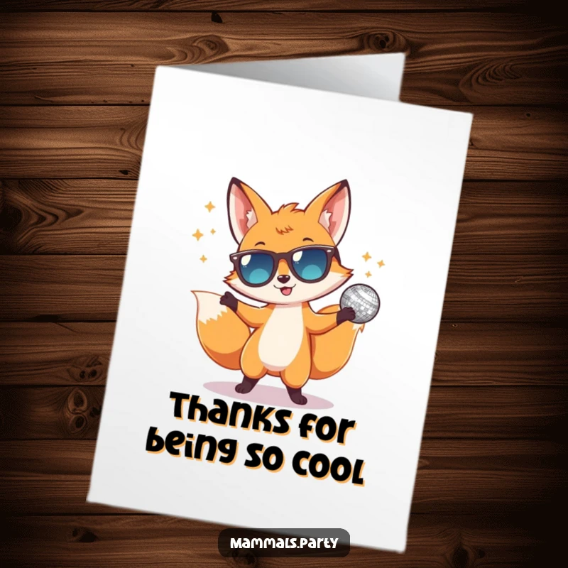 Funny Free Printable Thank You Card: A happy dancing fox in tiny sunglasses, spreading gratitude with disco energy.