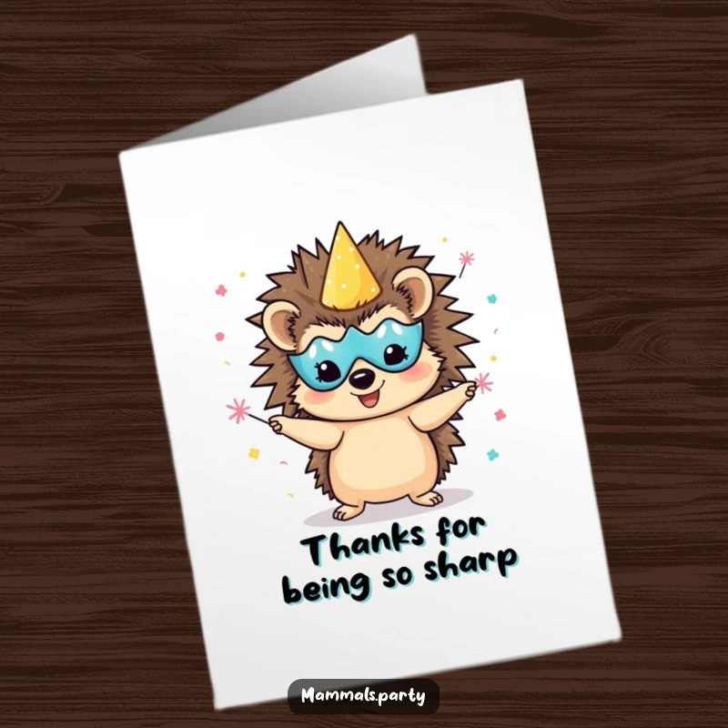 Funny Free Printable Thank You Card: Delighted hedgehog wearing a party mask juggling tiny confetti poppers, expressing thanks joyfully, downloadable gift.