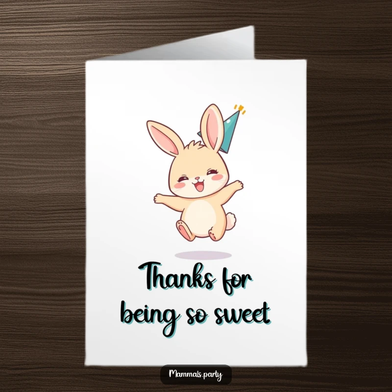 Funny Free Printable Thank You Card of a small bunny bouncing excitedly with ears flopped back, holding a party hat, available now.