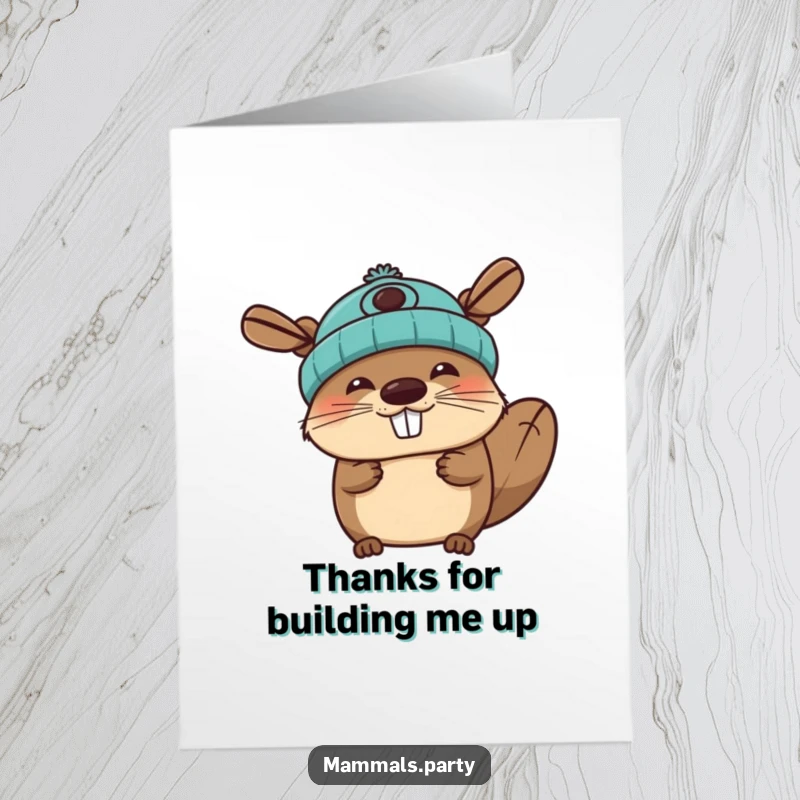 Funny free printable thank you card featuring a joyous beaver character wearing a propeller beanie, conveying thanks with a whimsical touch, download here.