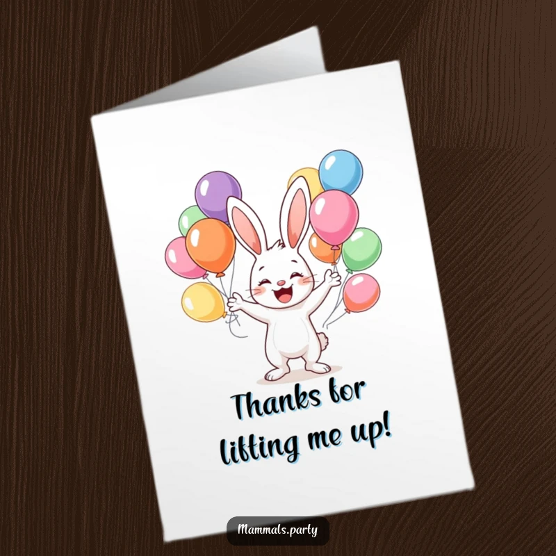 Funny Free Printable Thank You Card: a sweet bunny juggling colorful balloons, conveying heartfelt appreciation.