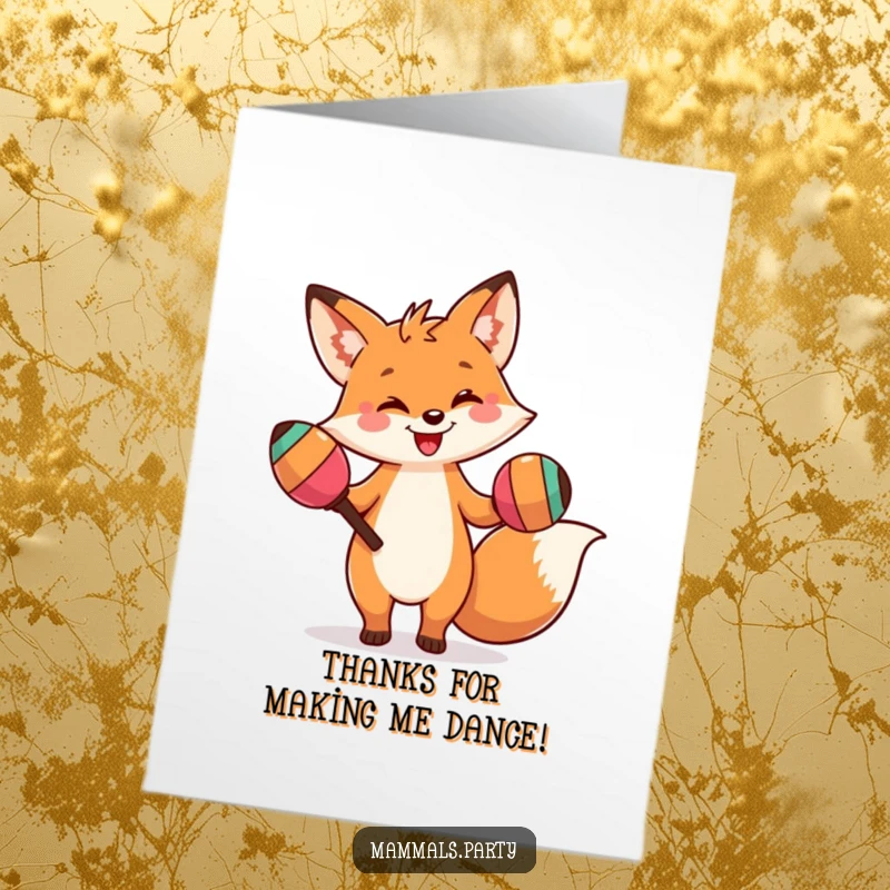 Funny Free Printable Thank You Card: a fox in a goofy dance pose with giant maracas, conveying thanks.