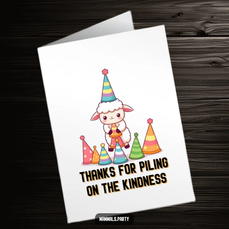 Funny Free Printable Thank You Card: A kawaii sheep hilariously tries to balance a stack of party hats, expressing thanks.