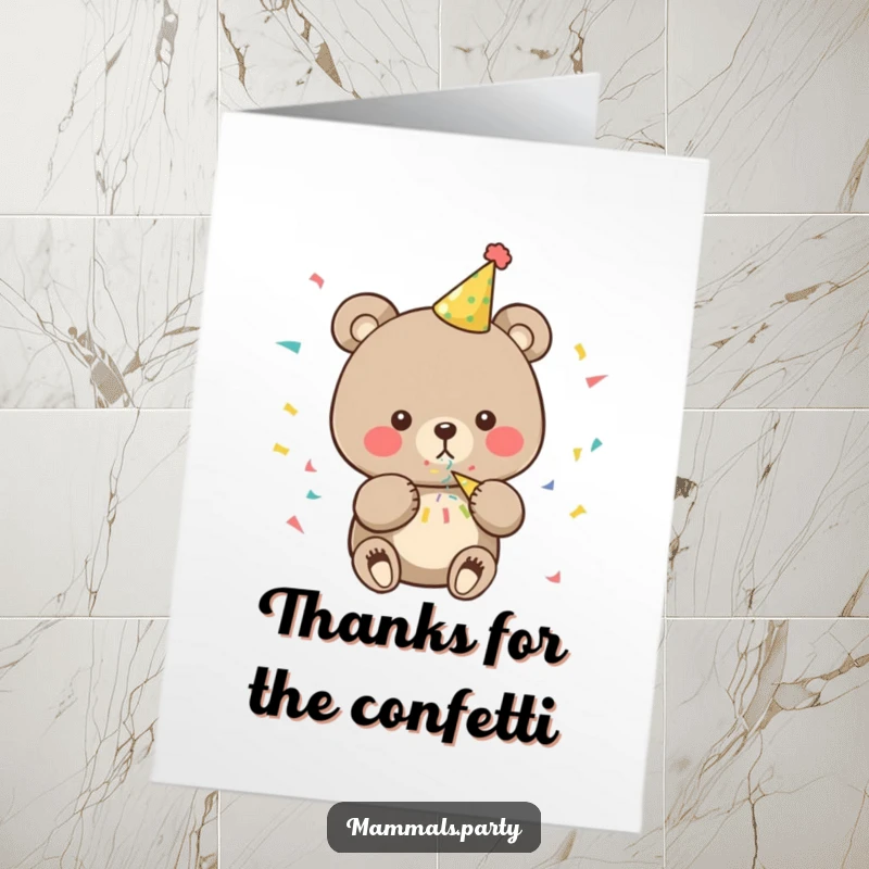 Funny Free Printable Thank You Card: A cute bear in a party hat blows a confetti popper, sending thanks with a festive flourish.
