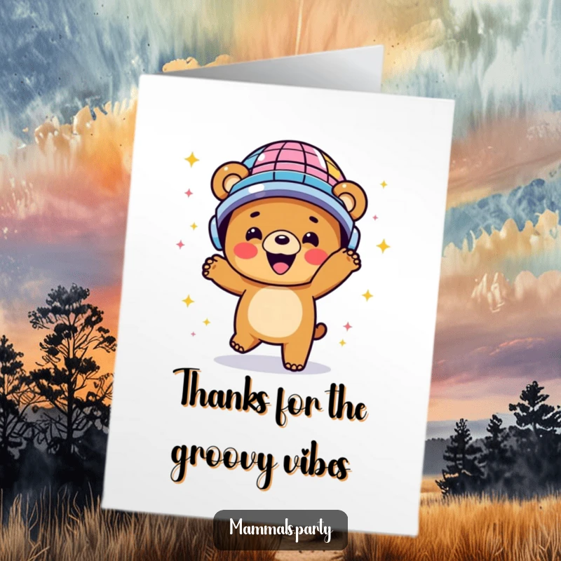 Funny Free Printable Bear Thank You Card, a happy bear in a disco ball helmet dancing energetically, expressing thanks.