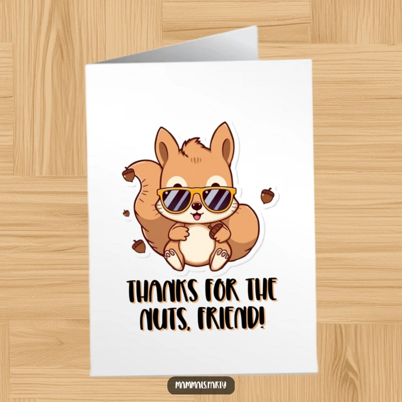 Funny free printable thank you card with a kawaii squirrel DJ in sunglasses, showing thanks with a beat.